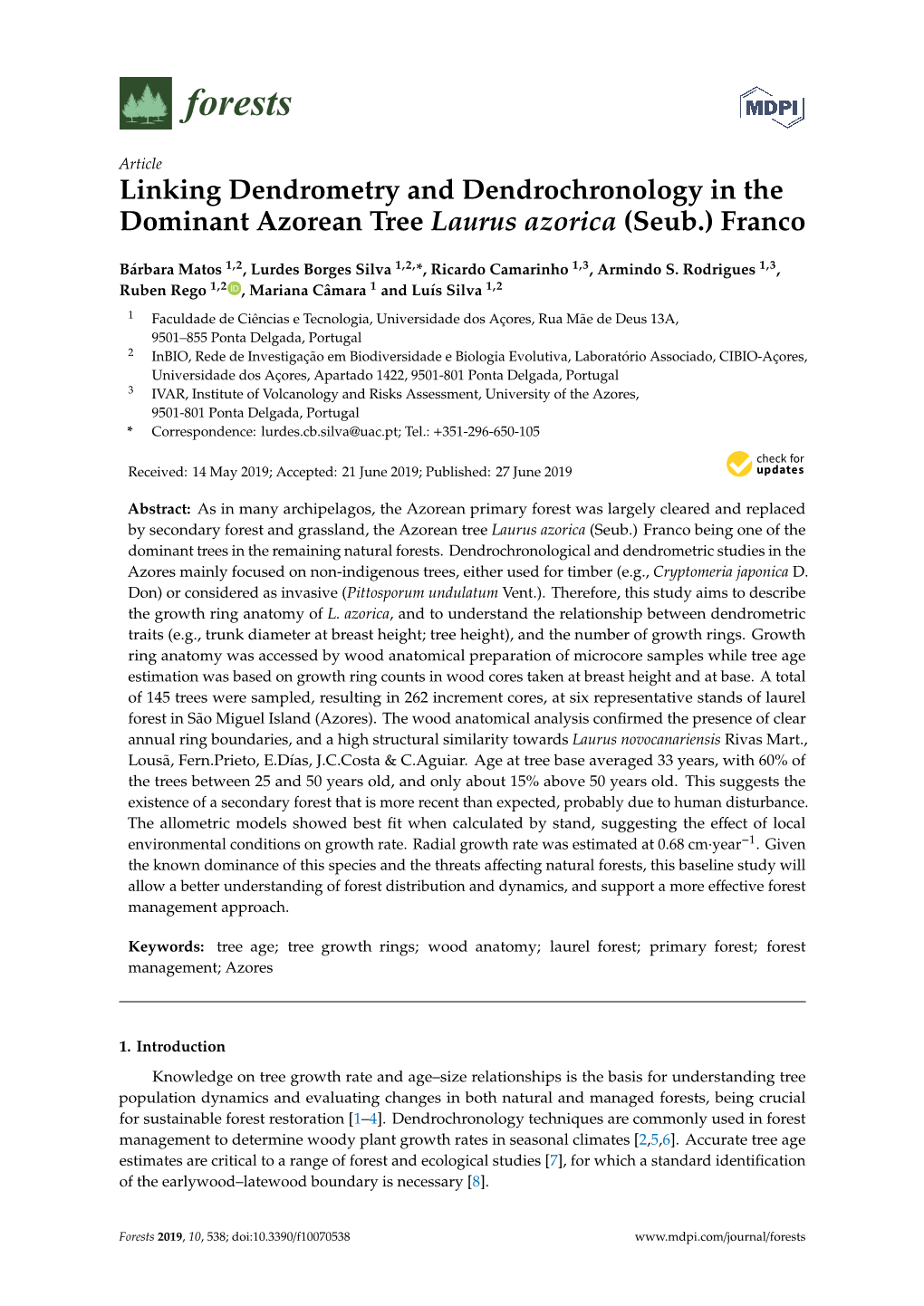 Linking Dendrometry and Dendrochronology in the Dominant Azorean Tree Laurus Azorica (Seub.) Franco