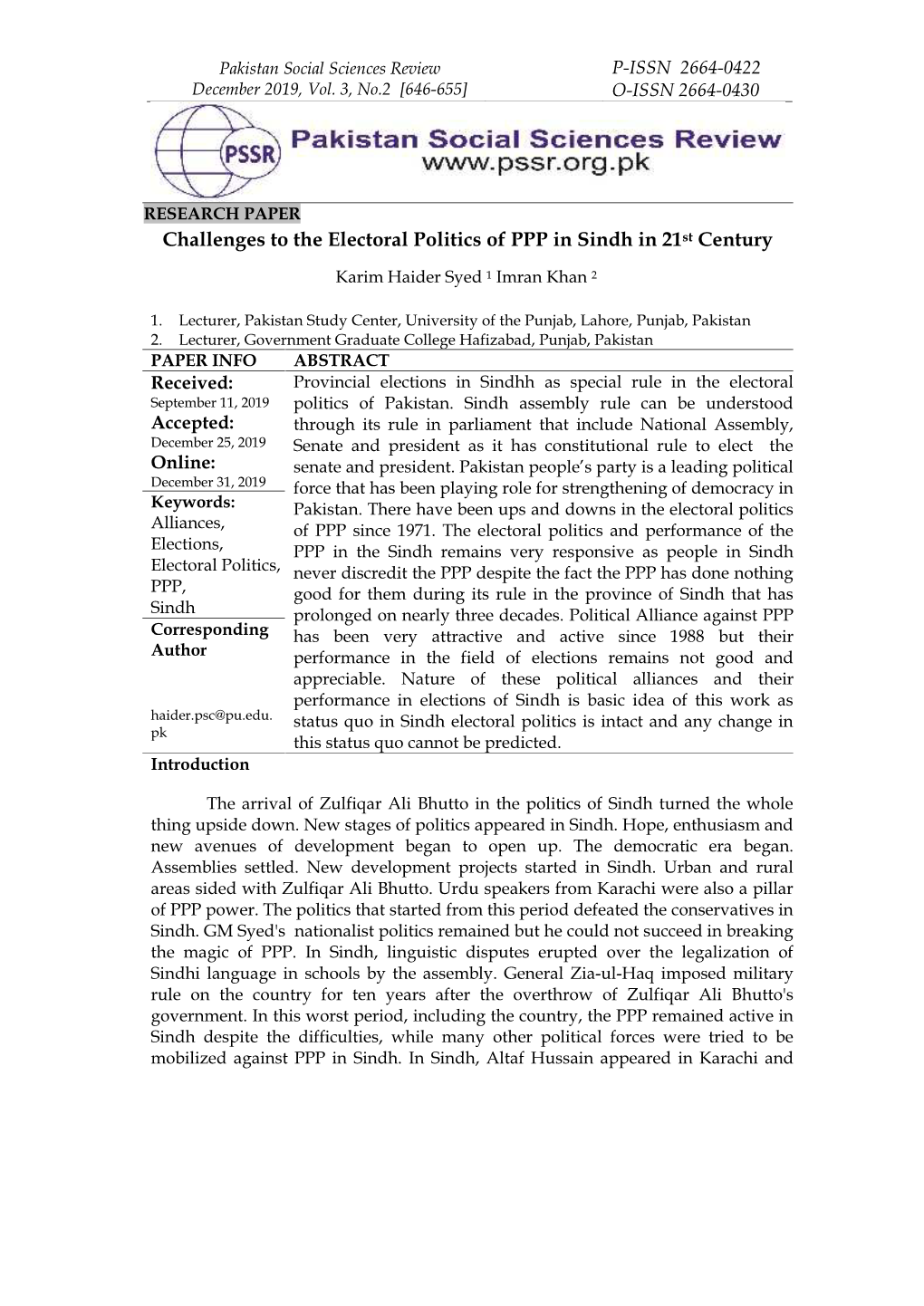 Challenges to the Electoral Politics of PPP in Sindh in 21 St Century