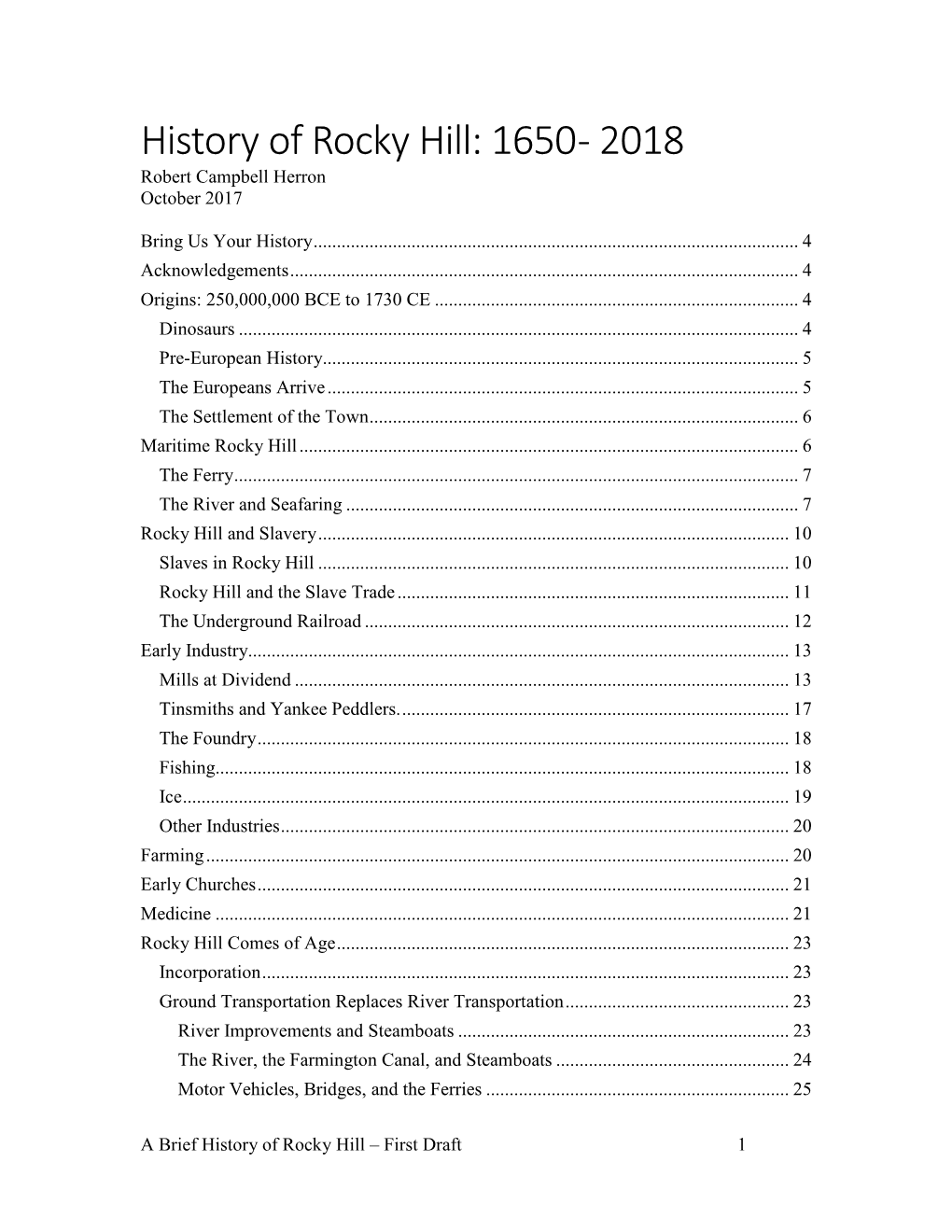 History of Rocky Hill: 1650 - 2018 Robert Campbell Herron October 2017