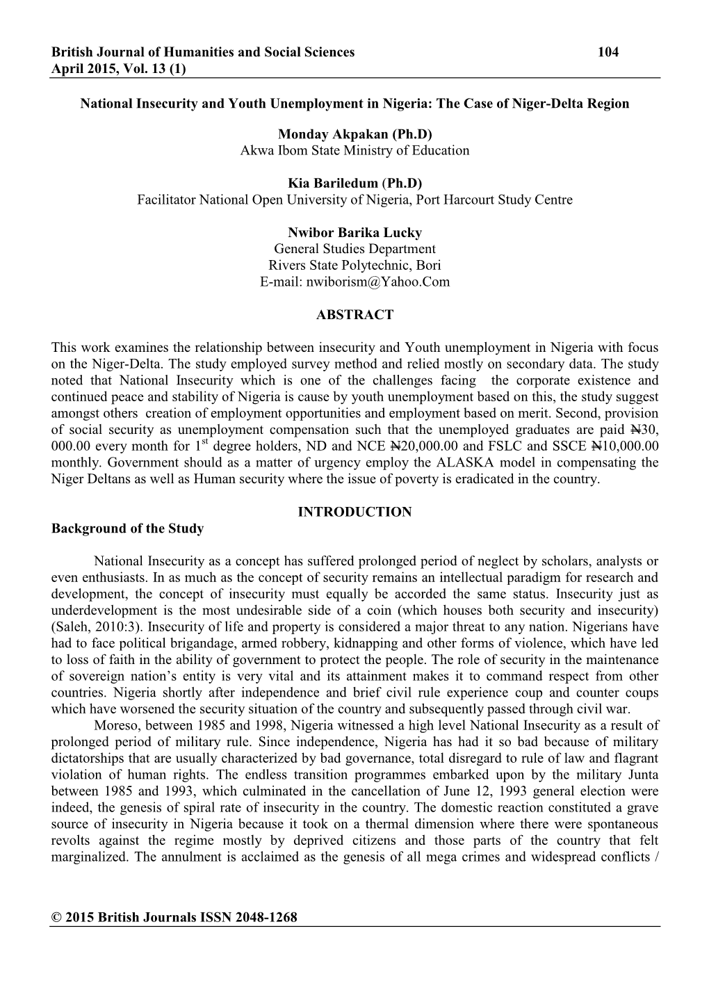 National Insecurity and Youth Unemployment in Nigeria: the Case of Niger-Delta Region