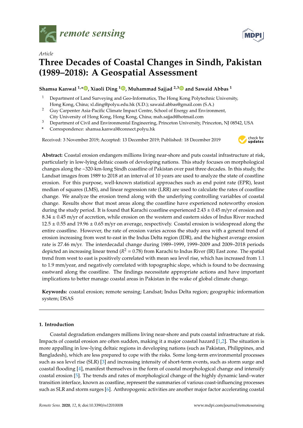 Three Decades of Coastal Changes in Sindh, Pakistan (1989–2018): a Geospatial Assessment