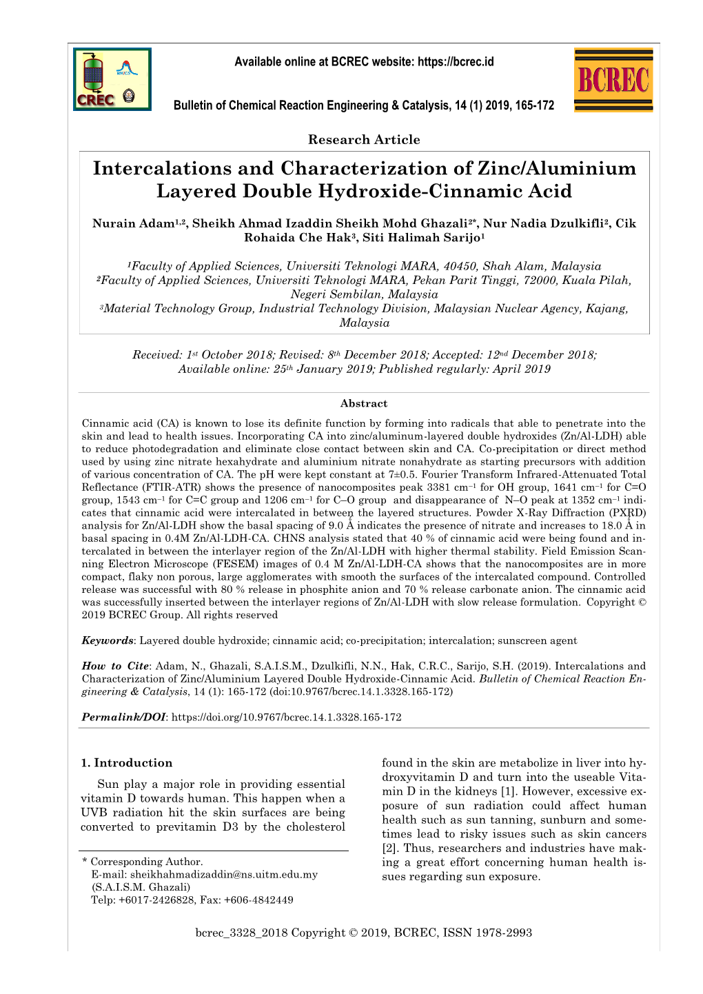 Intercalations and Characterization of Zinc/Aluminium Layered Double Hydroxide-Cinnamic Acid