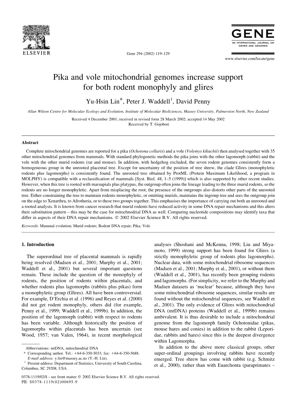 Pika and Vole Mitochondrial Genomes Increase Support for Both Rodent Monophyly and Glires