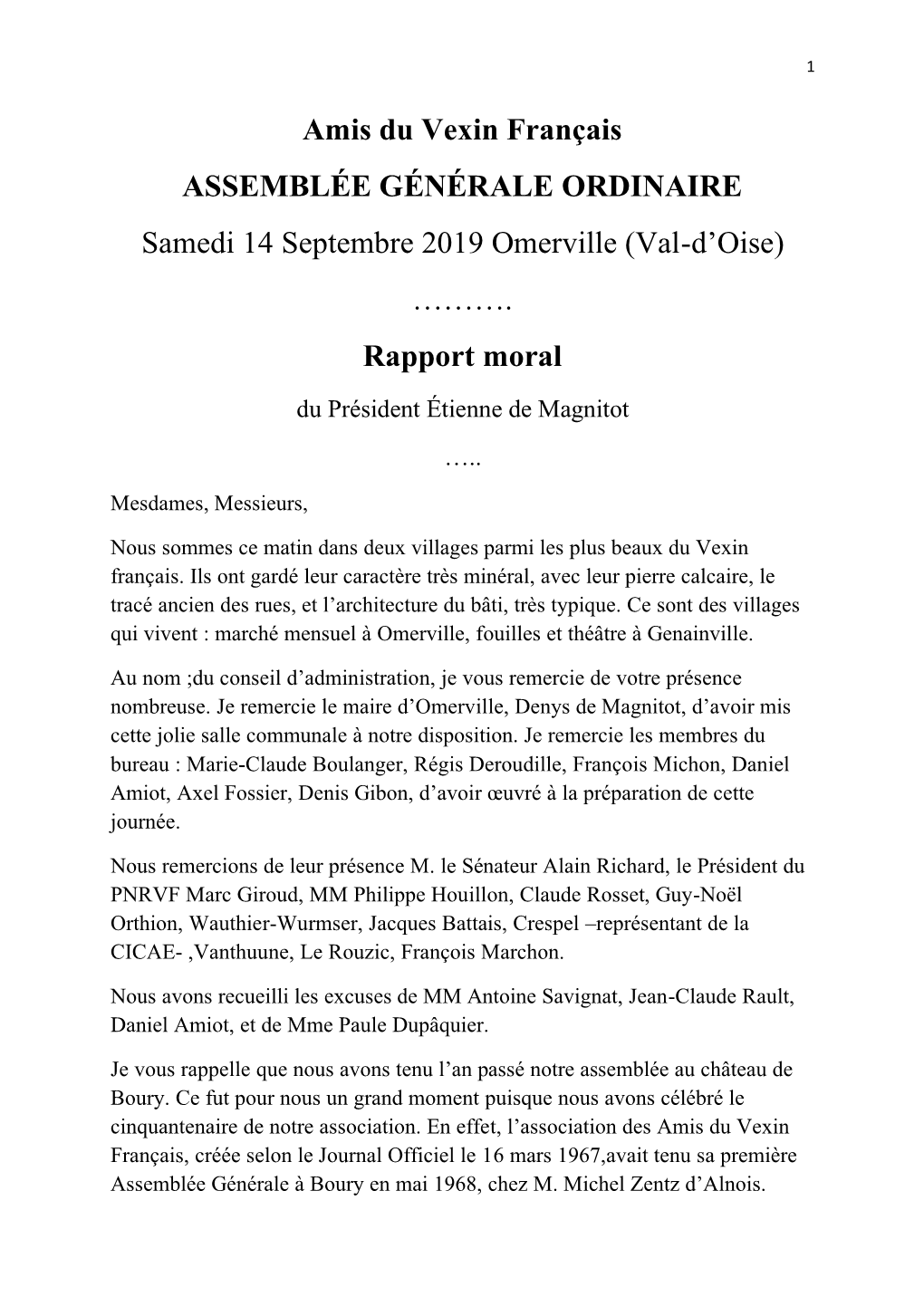 Amis Du Vexin Français ASSEMBLÉE GÉNÉRALE ORDINAIRE Samedi 14 Septembre 2019 Omerville (Val-D’Oise) ………
