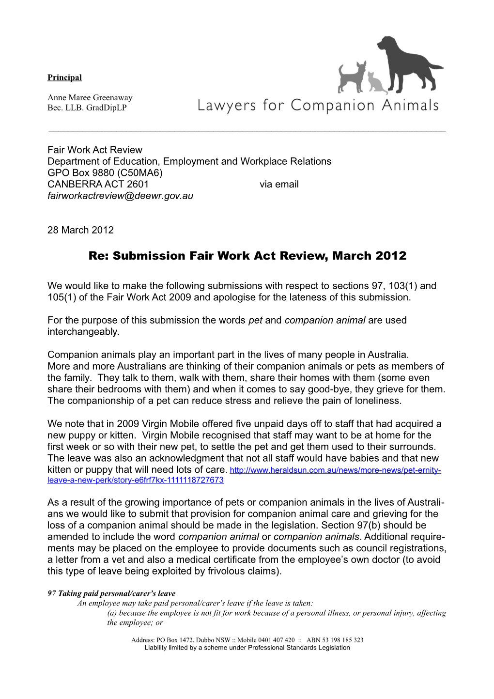 Re: Submission Fair Work Act Review, March 2012