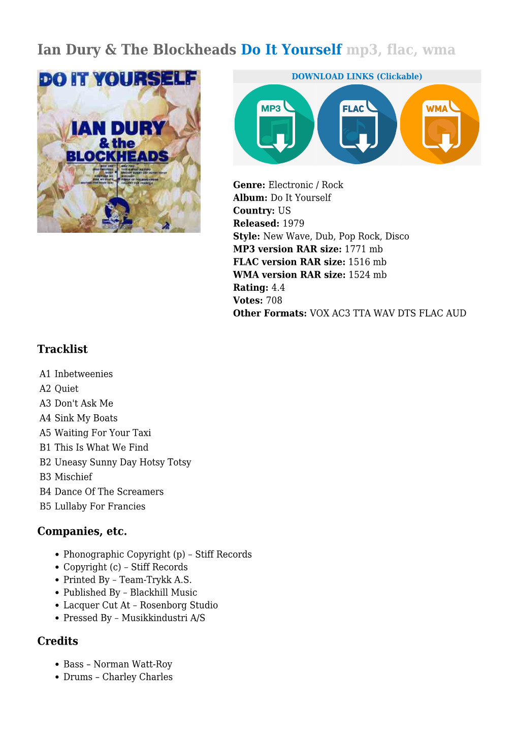 Ian Dury & the Blockheads Do It Yourself Mp3, Flac