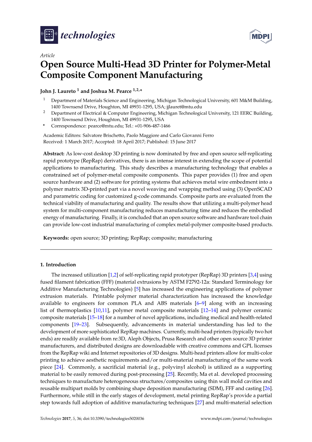 Open Source Multi-Head 3D Printer for Polymer-Metal Composite Component Manufacturing