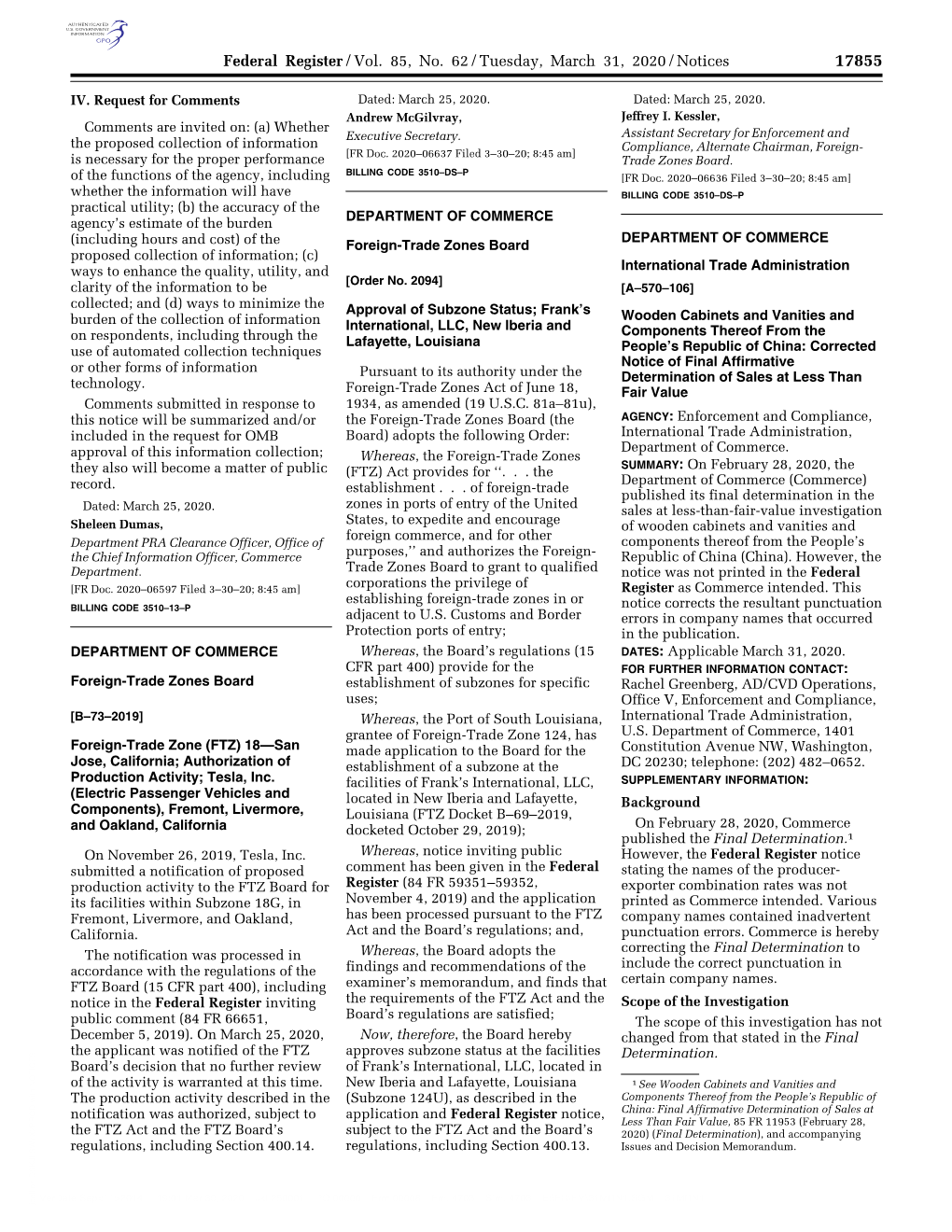 Federal Register/Vol. 85, No. 62/Tuesday, March 31, 2020/Notices