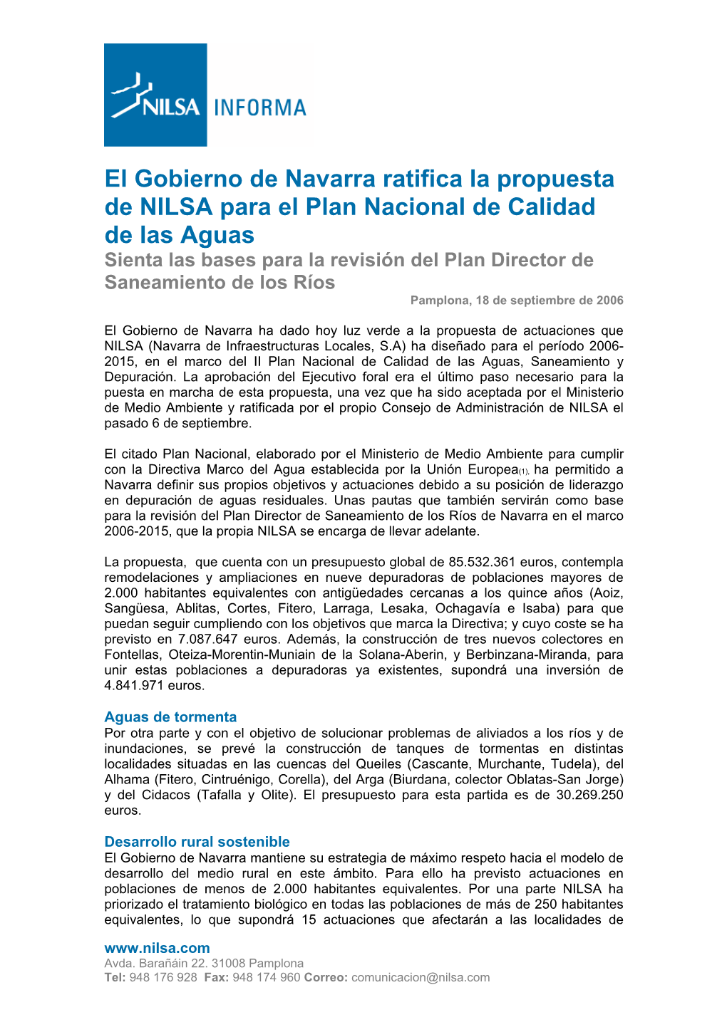 El Gobierno De Navarra Ratifica La Propuesta De NILSA Para El Plan
