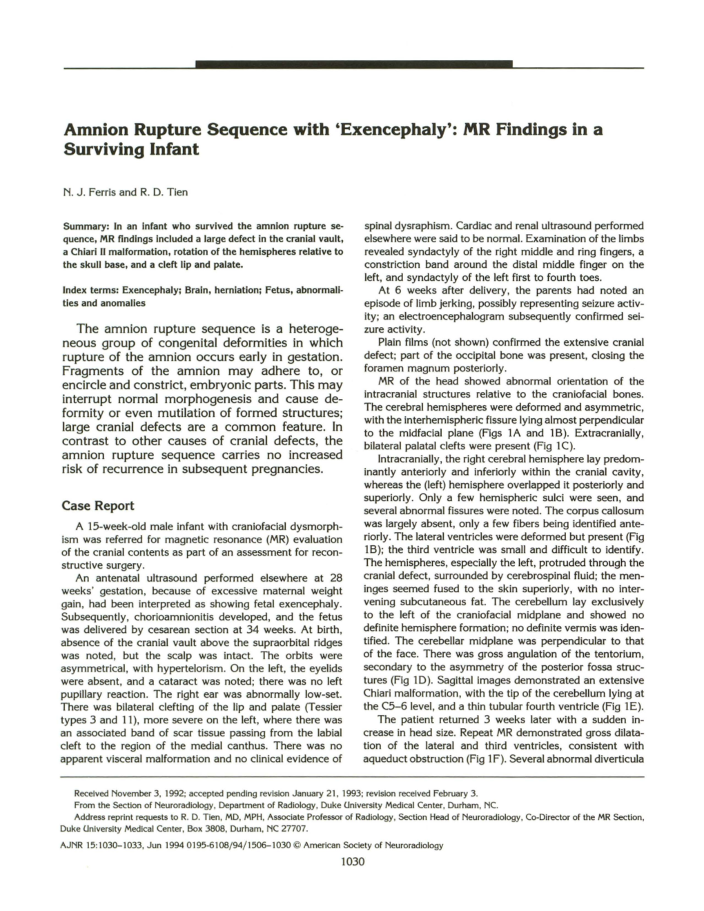 Amnion Rupture Sequence with 'Exencephaly': MR Findings in a Surviving Infant