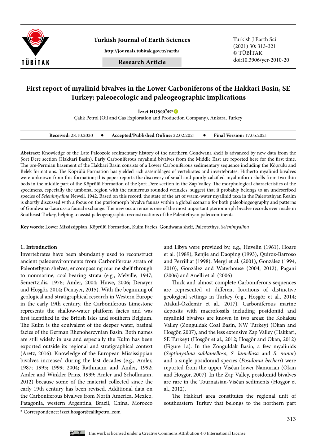 First Report of Myalinid Bivalves in the Lower Carboniferous of the Hakkari Basin, SE Turkey: Paleoecologic and Paleogeographic Implications