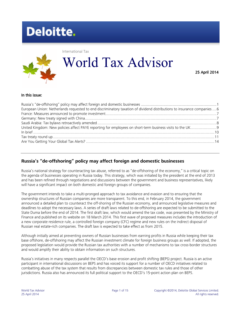 World Tax Advisor 25 April 2014
