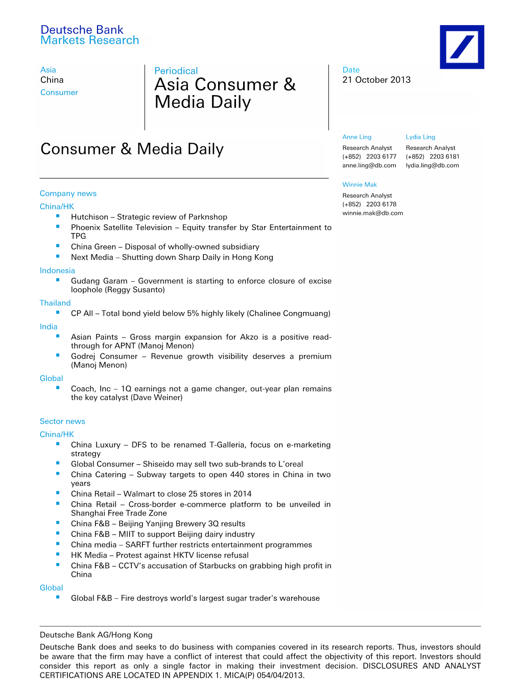 Asia Consumer & Media Daily