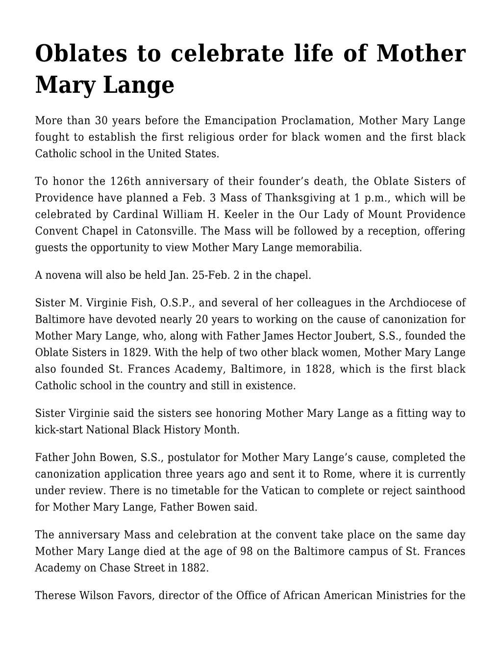 Oblates to Celebrate Life of Mother Mary Lange,Special Care Collection