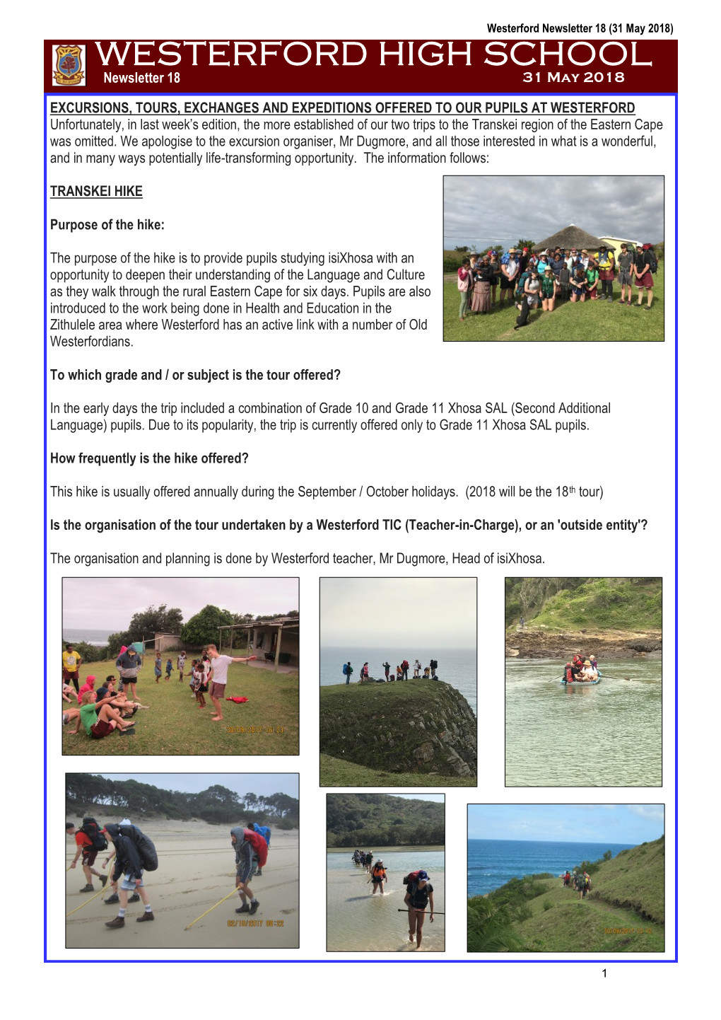 WESTERFORD HIGH SCHOOL Newsletter 18 31 May 2018