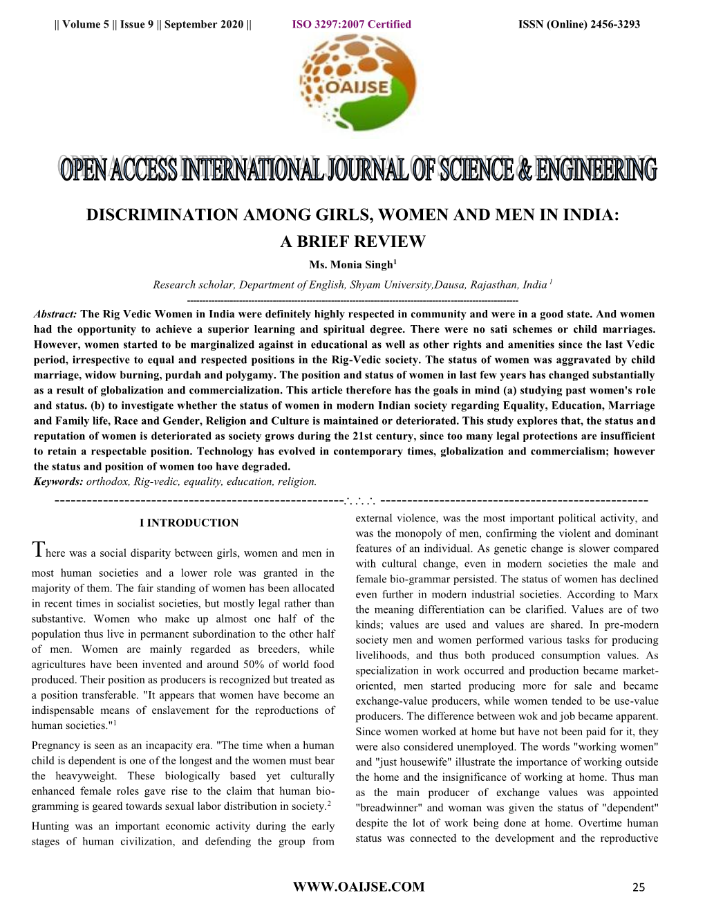 DISCRIMINATION AMONG GIRLS, WOMEN and MEN in INDIA: a BRIEF REVIEW Ms