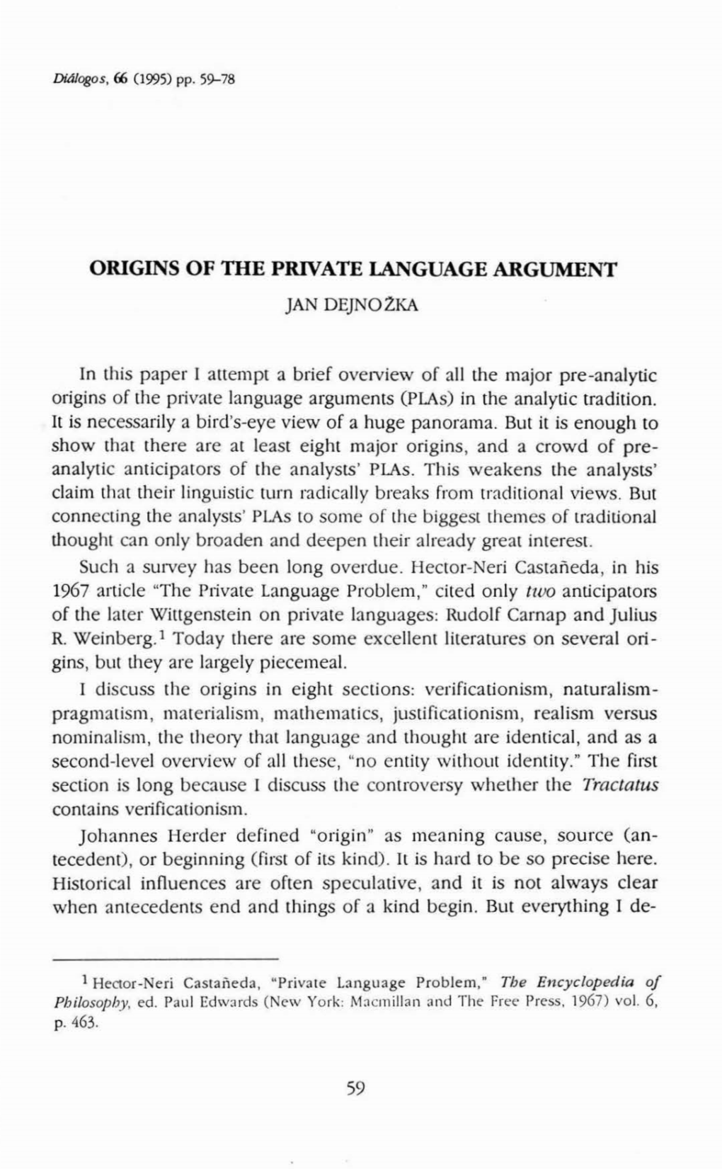 ORIGINS of the PRIVATE Language ARGUMENT 59