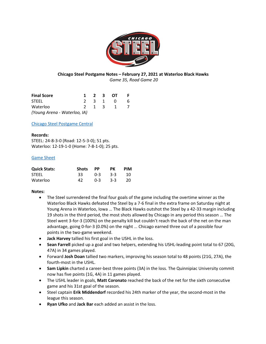 Chicago Steel Postgame Notes – February 27, 2021 at Waterloo Black Hawks Game 35, Road Game 20