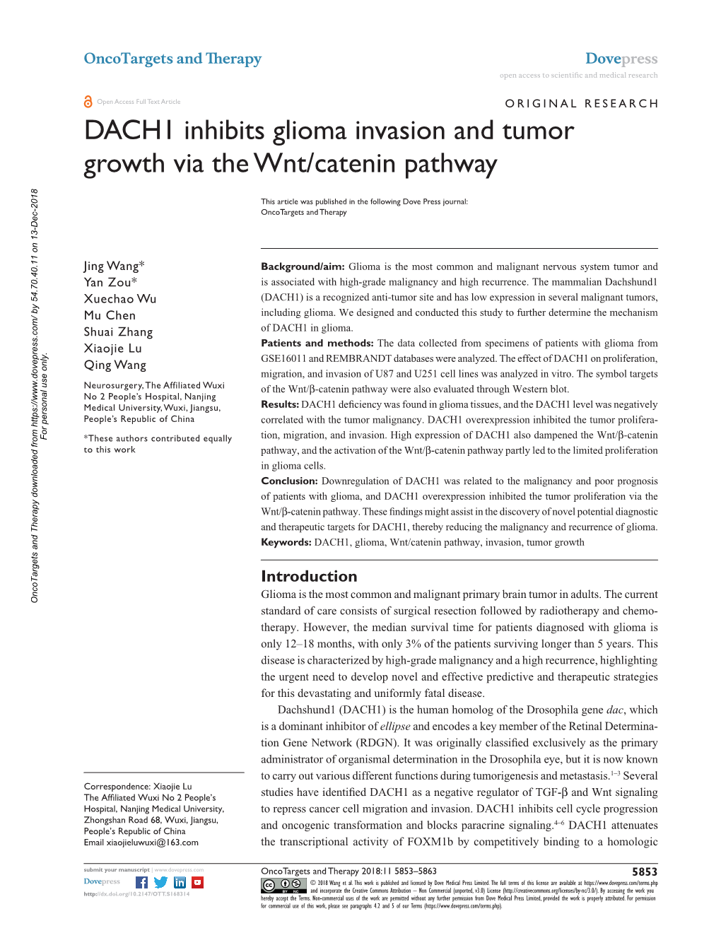 DACH1 Inhibits Glioma Invasion and Tumor Growth Via the Wnt/Catenin Pathway