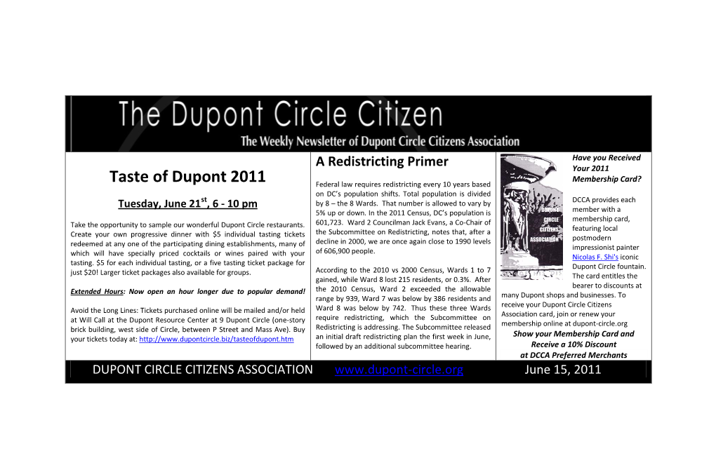 Taste of Dupont 2011 Federal Law Requires Redistricting Every 10 Years Based on DC’S Population Shifts