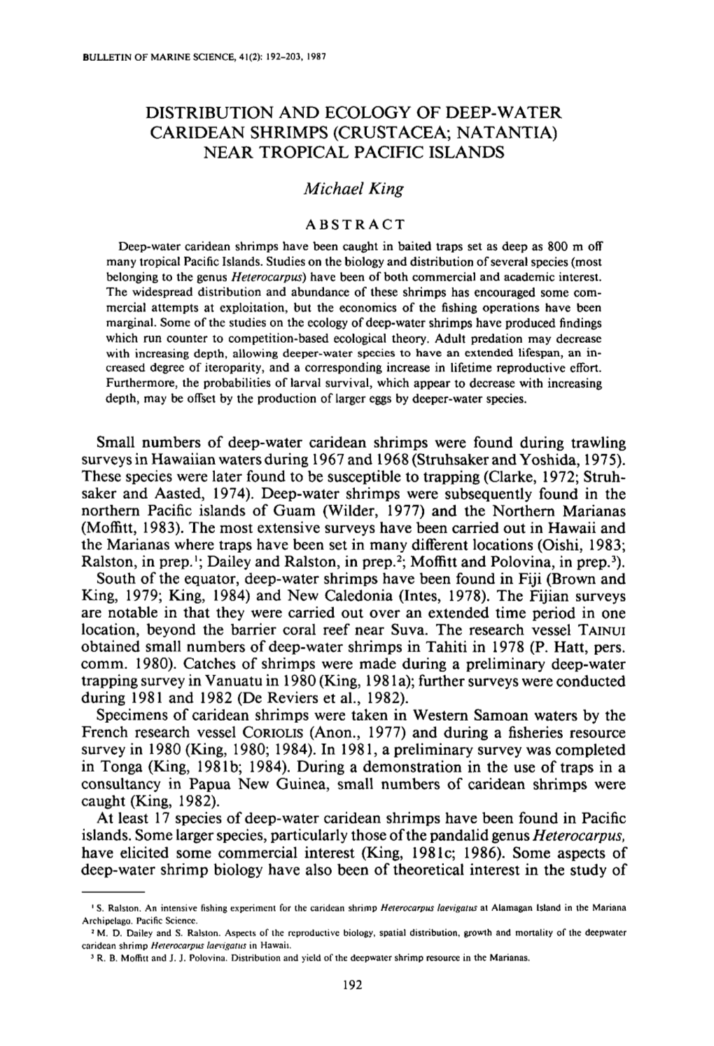 Distribution and Ecology of Deep-Water Caridean Shrimps (Crustacea; Natantia) Near Tropical Pacific Islands