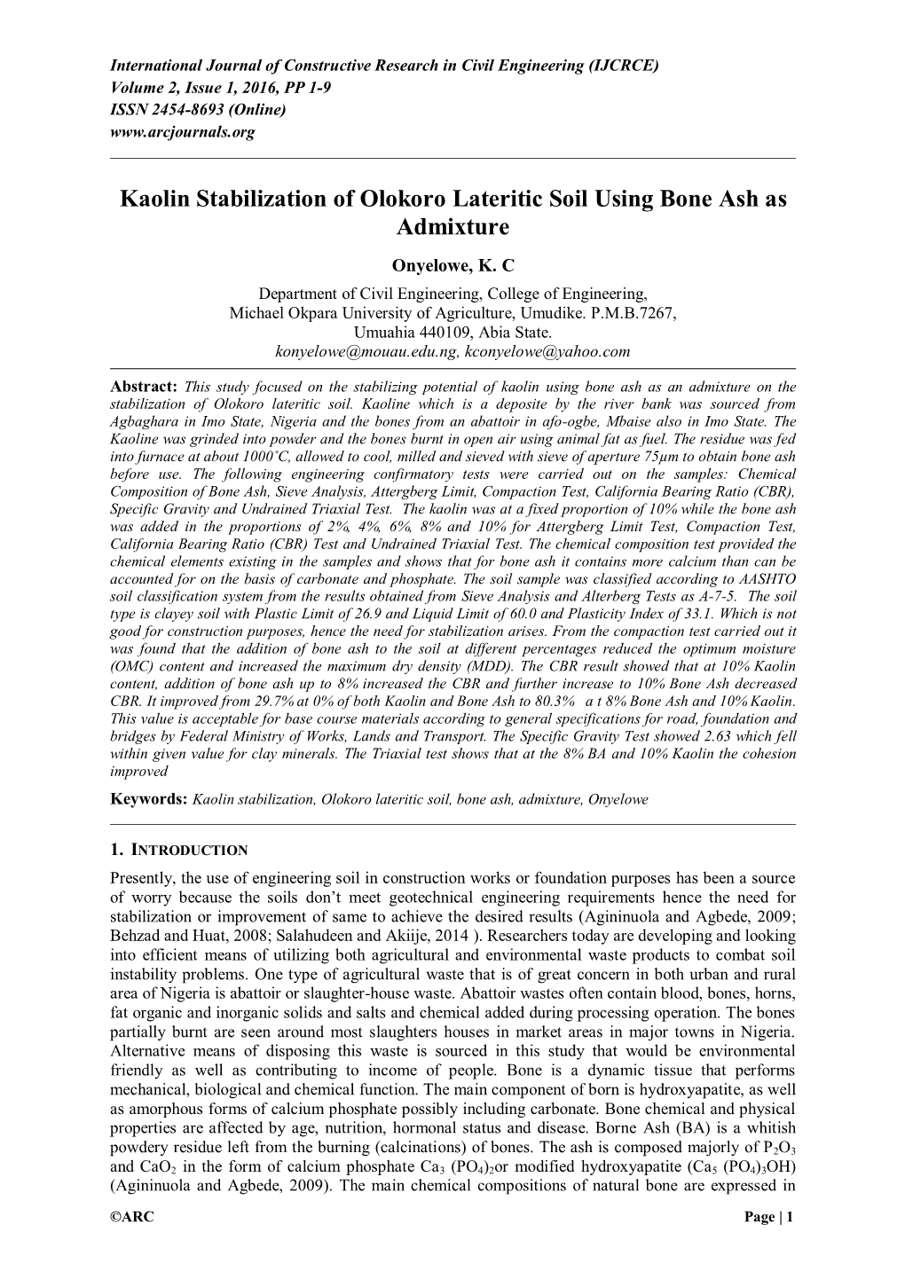 Kaolin Stabilization of Olokoro Lateritic Soil Using Bone Ash As Admixture