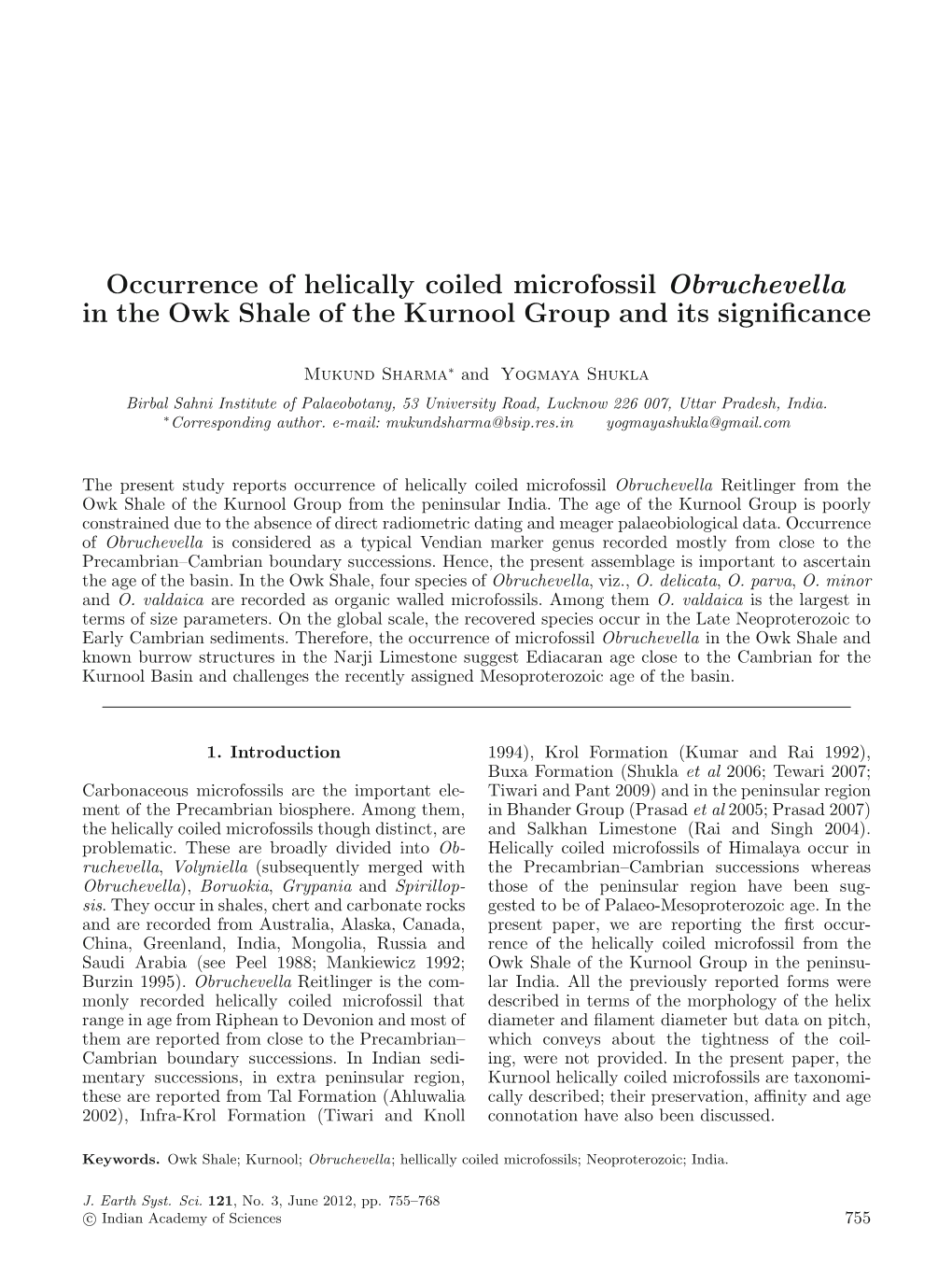 Occurrence of Helically Coiled Microfossil Obruchevella in the Owk Shale of the Kurnool Group and Its Signiﬁcance