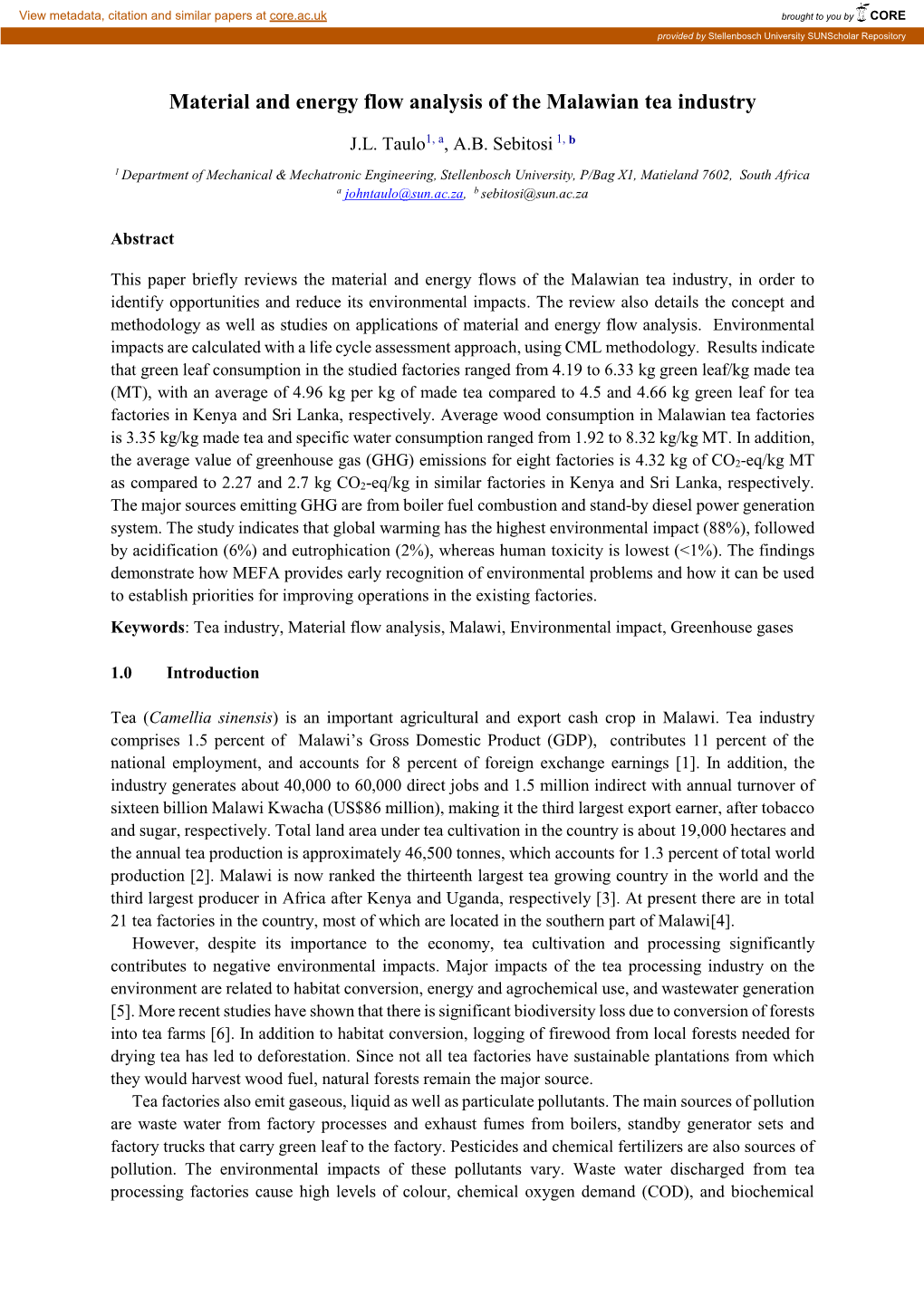 Material and Energy Flow Analysis of the Malawian Tea Industry