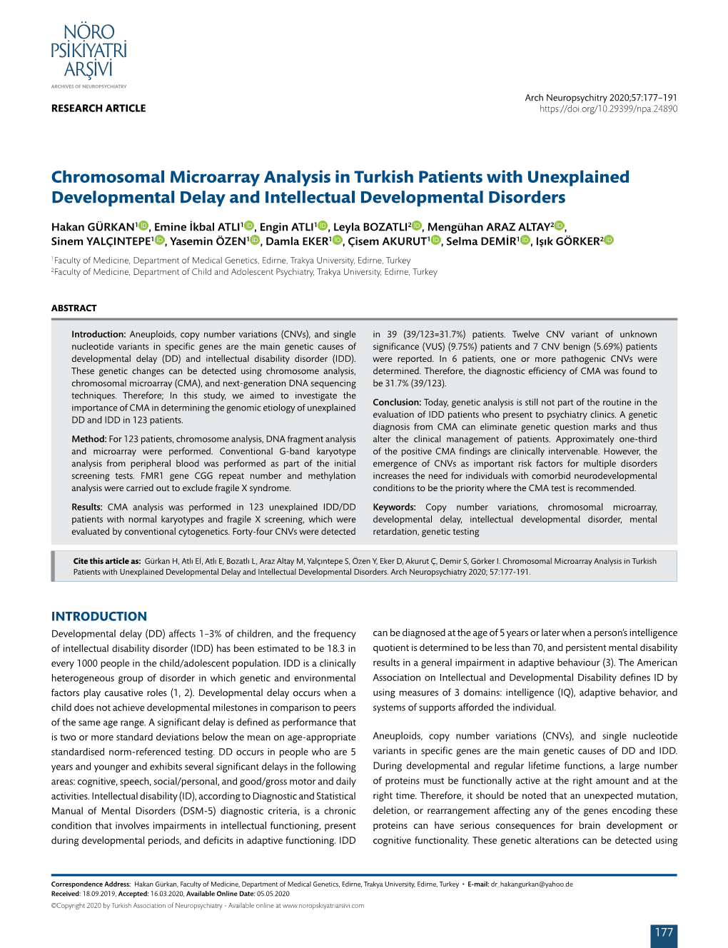 Chromosomal Microarray Analysis in Turkish Patients with Unexplained Developmental Delay and Intellectual Developmental Disorders