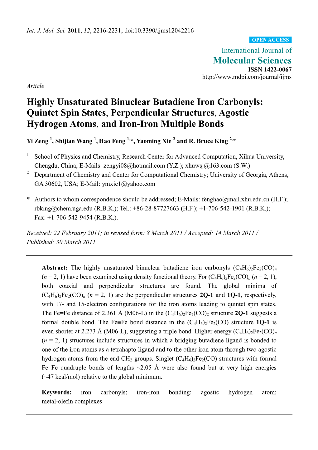 Highly Unsaturated Binuclear Butadiene Iron Carbonyls: Quintet Spin States, Perpendicular Structures, Agostic Hydrogen Atoms, and Iron-Iron Multiple Bonds