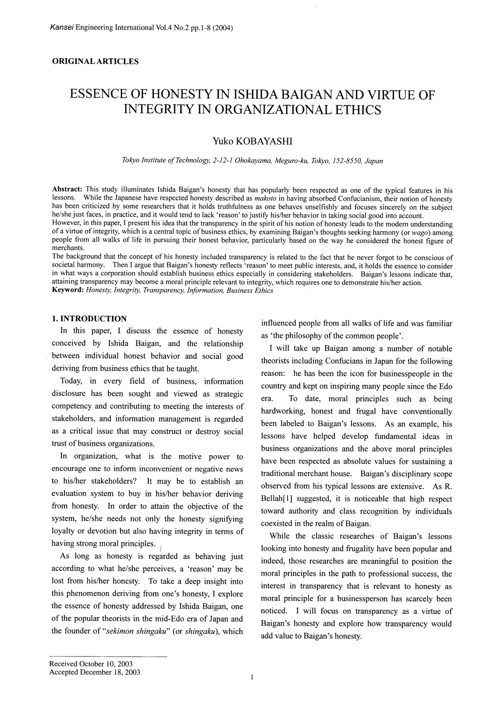 Essence of Honesty in Ishida Baigan and Virtue of Integrity in Organizational Ethics