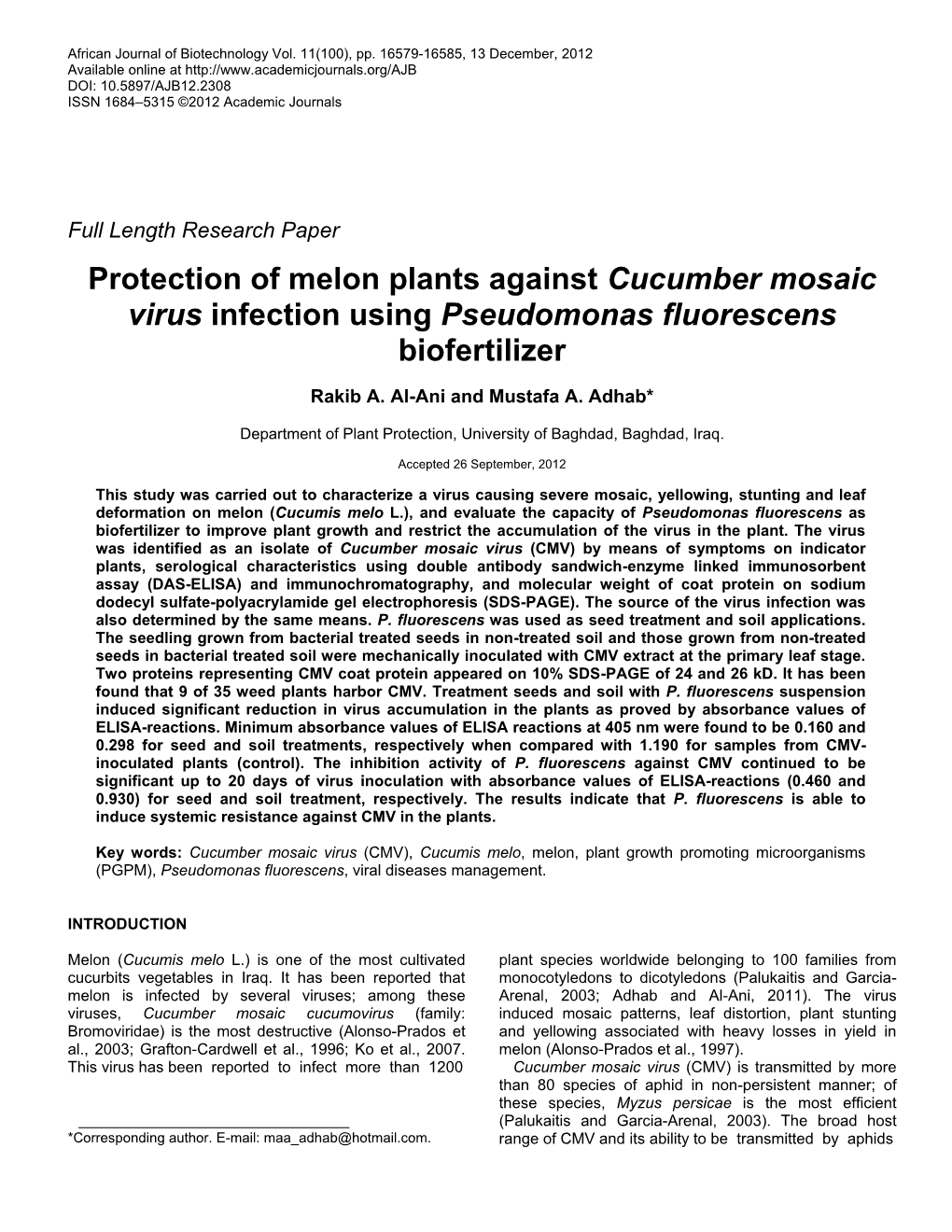 Protection of Melon Plants Against Cucumber Mosaic Virus Infection Using Pseudomonas Fluorescens Biofertilizer