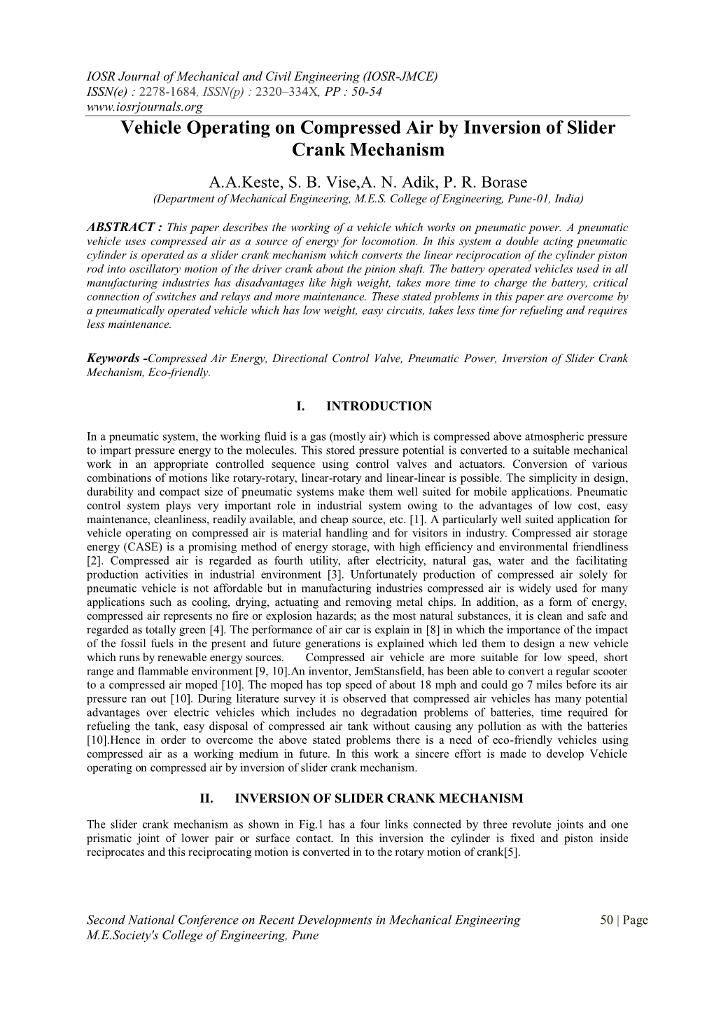 Vehicle Operating on Compressed Air by Inversion of Slider Crank Mechanism A.A.Keste, S