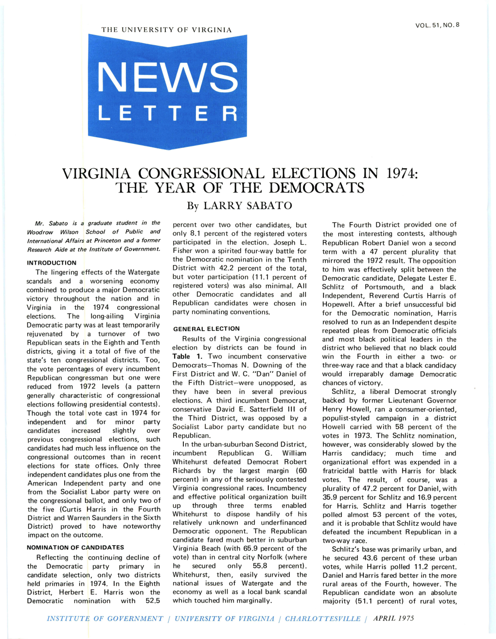 VIRGINIA CONGRESSIONAL ELECTIONS in 1974: the YEAR of the DEMOCRATS by LARRY SABATO