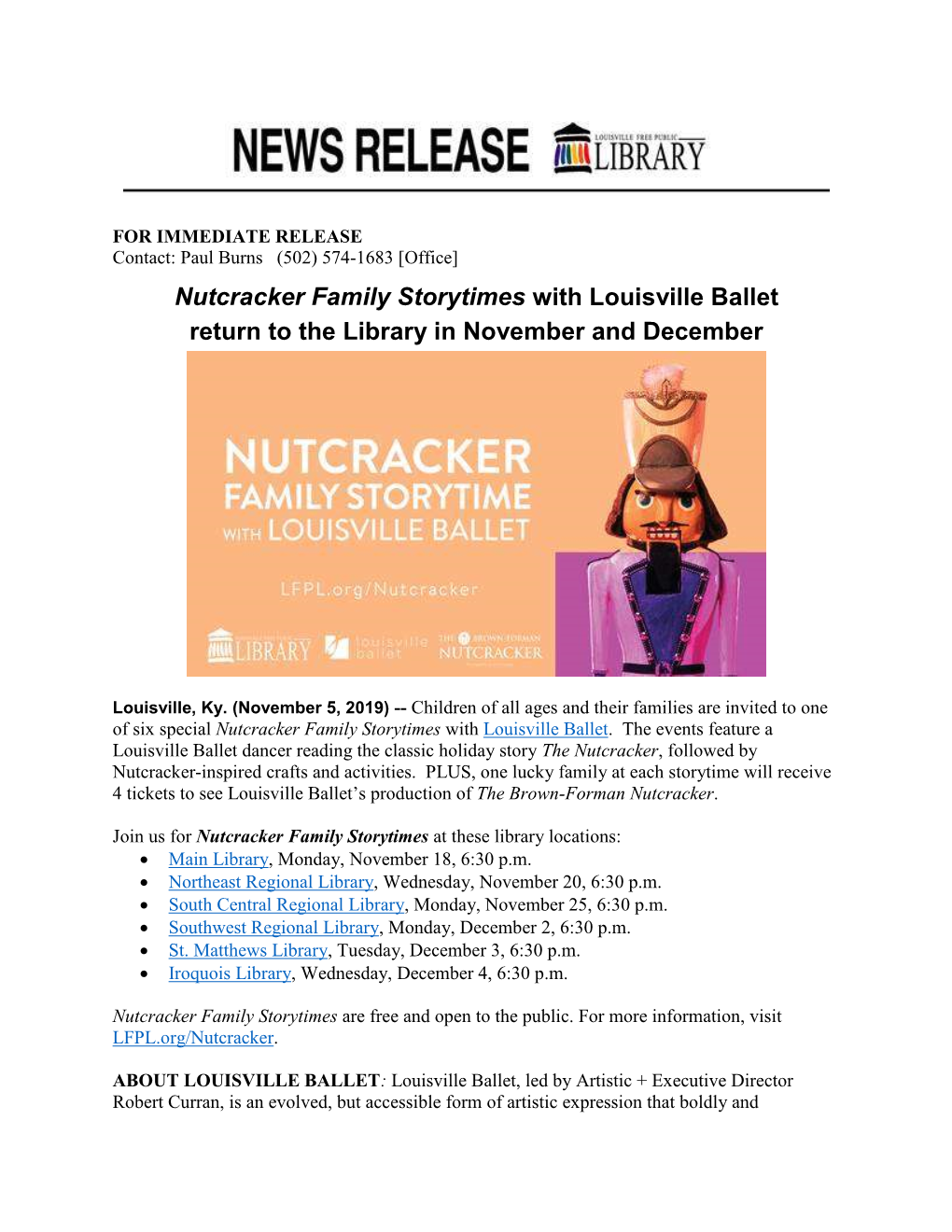 Nutcracker Family Storytimes with Louisville Ballet Return to the Library in November and December