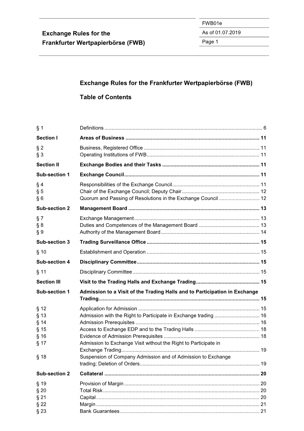 Exchange Rules for the Frankfurter Wertpapierbörse (FWB) Table Of