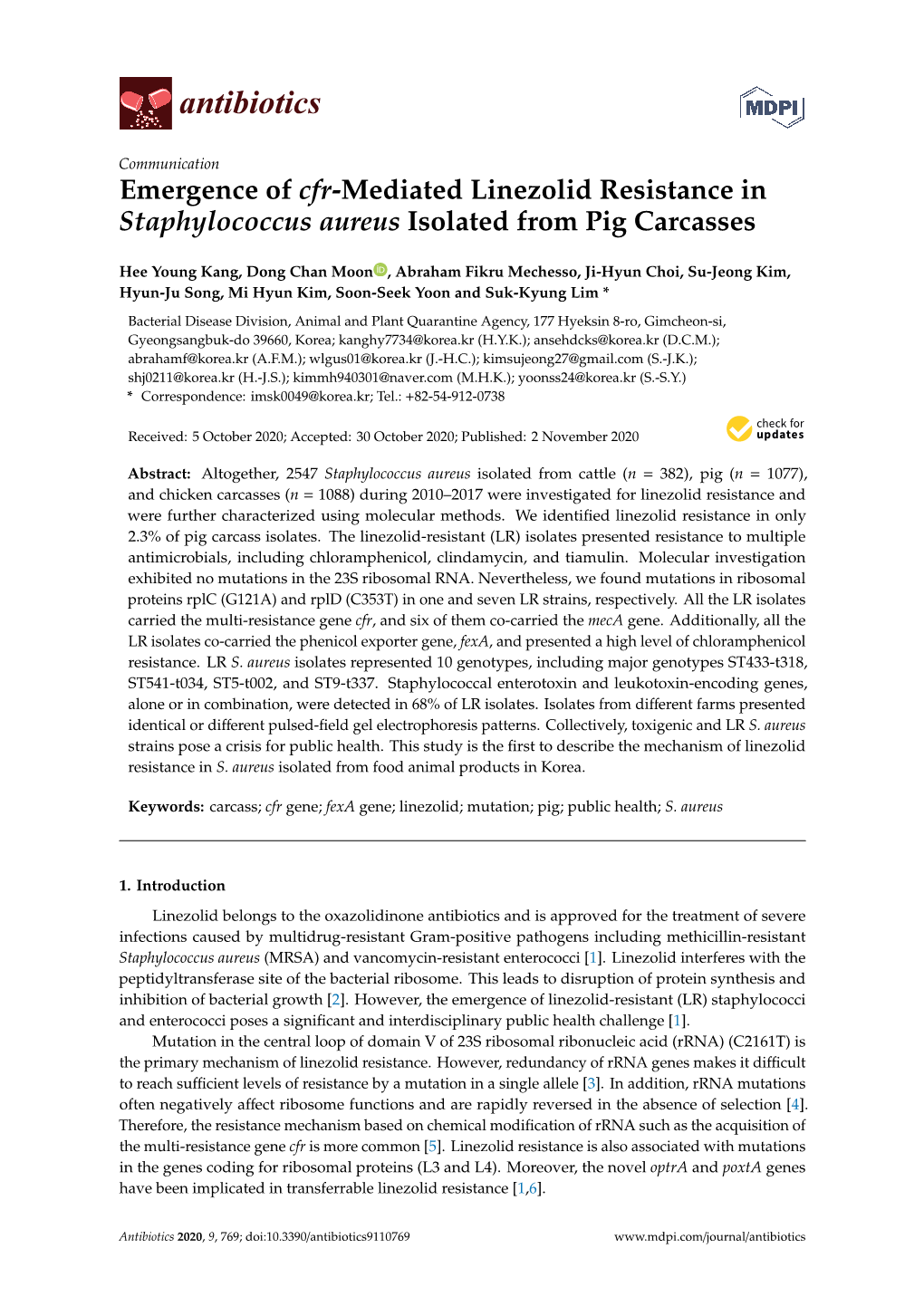 Emergence of Cfr-Mediated Linezolid Resistance in Staphylococcus Aureus Isolated from Pig Carcasses