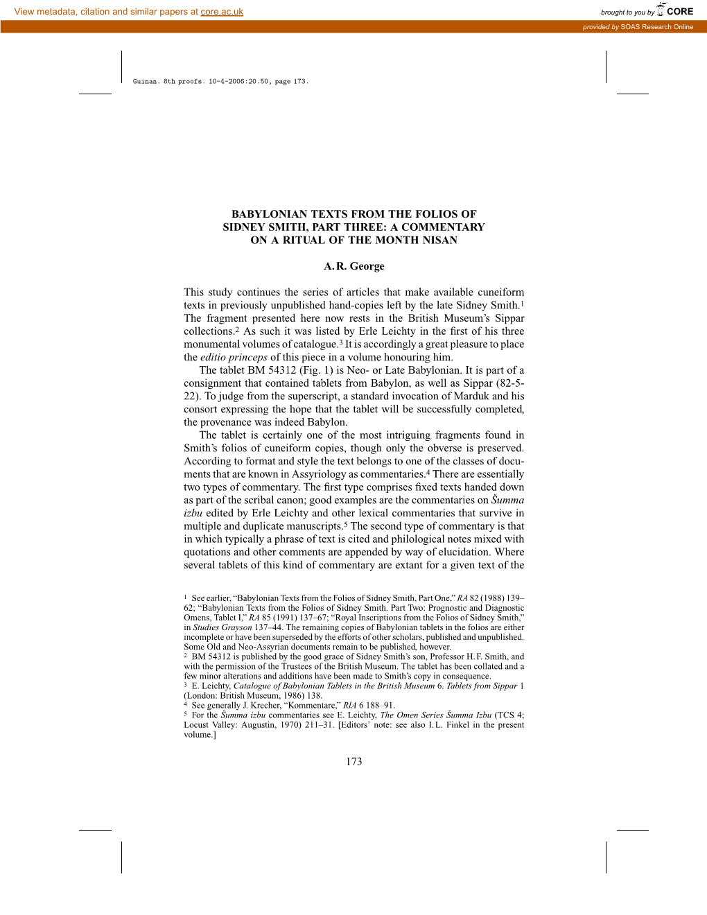 173 BABYLONIAN TEXTS from the FOLIOS of SIDNEY SMITH, PART THREE: a COMMENTARY on a RITUAL of the MONTH NISAN A. R. George This