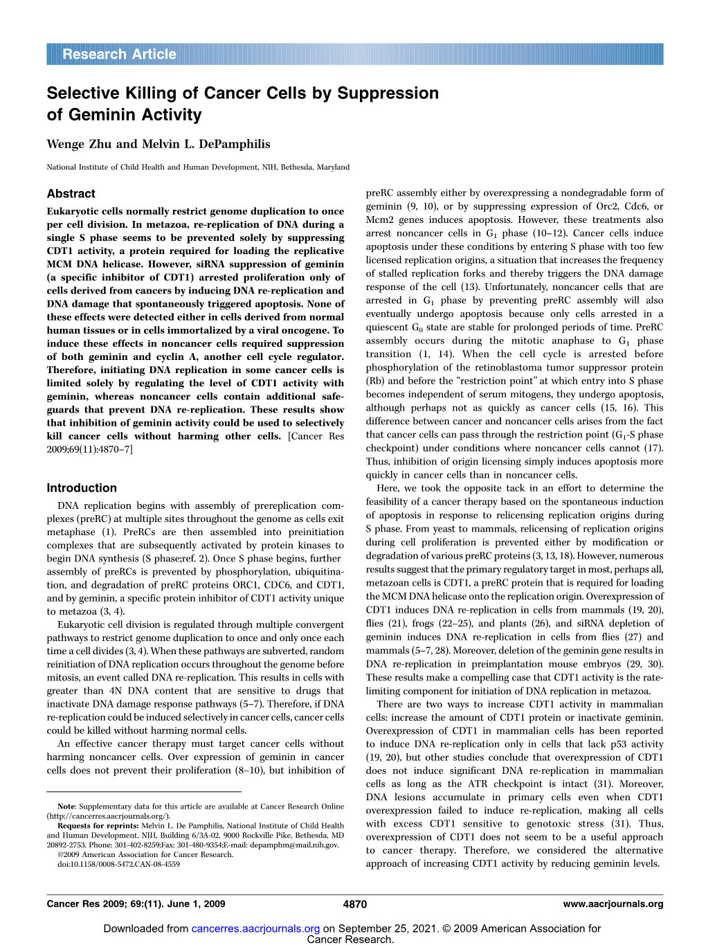 Selective Killing of Cancer Cells by Suppression of Geminin Activity