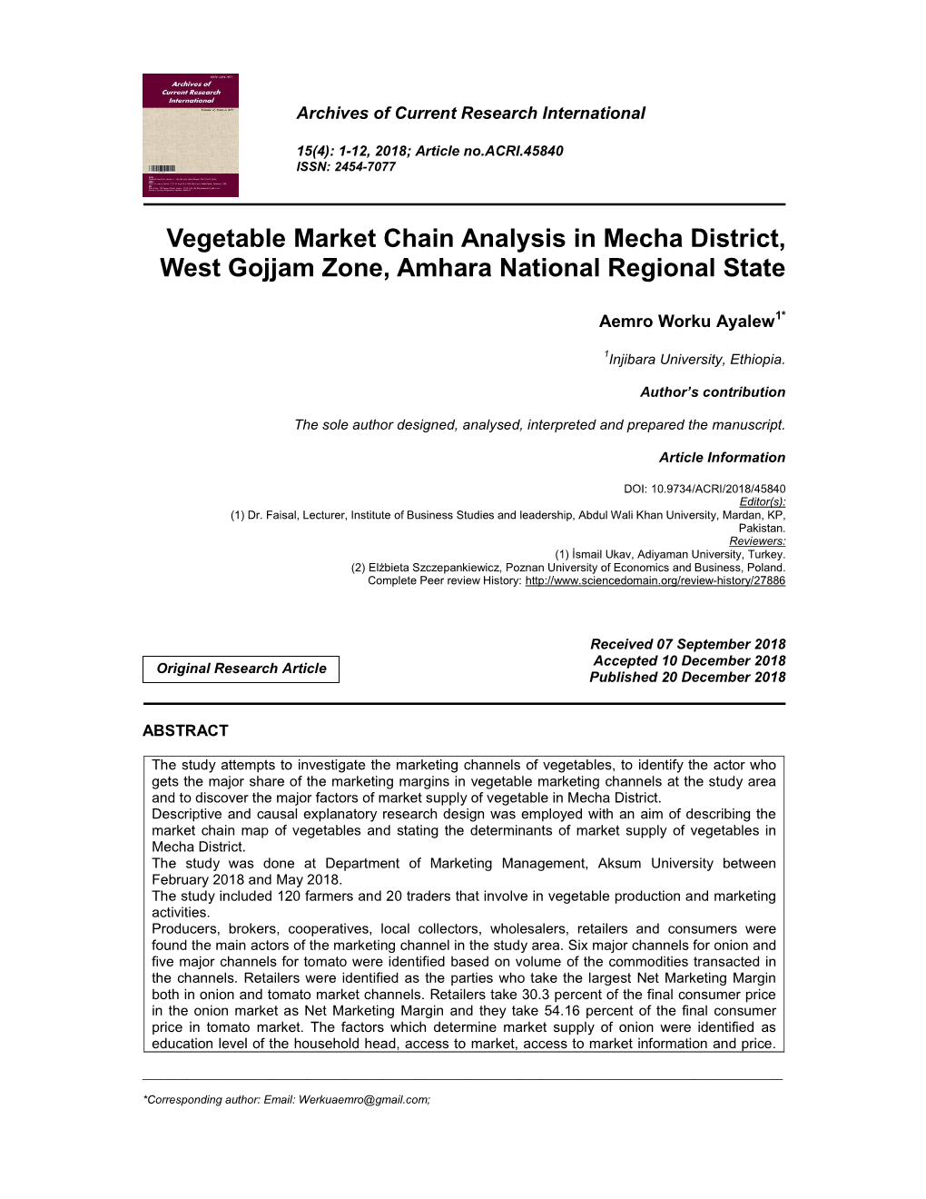 Vegetable Market Chain Analysis in Mecha District, West Gojjam Zone, Amhara National Regional State