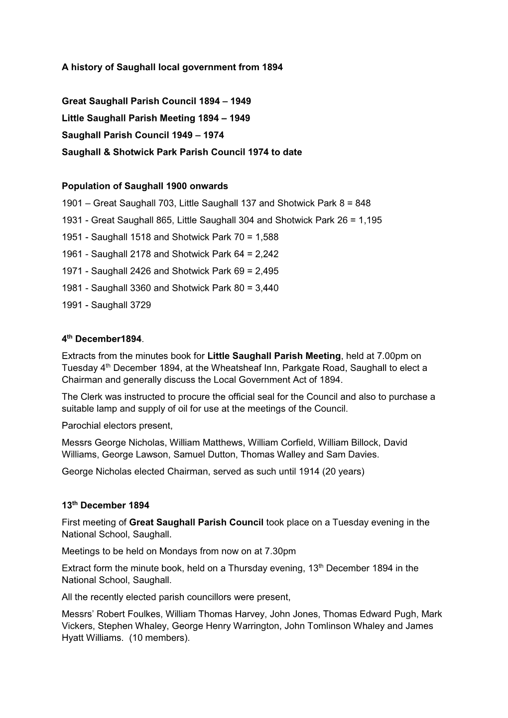 A History of Saughall Local Government from 1894