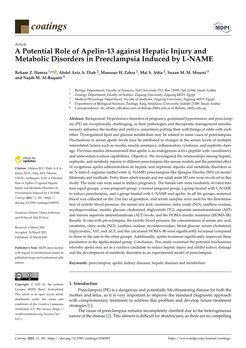 A Potential Role of Apelin-13 Against Hepatic Injury and Metabolic Disorders in Preeclampsia Induced by L-NAME