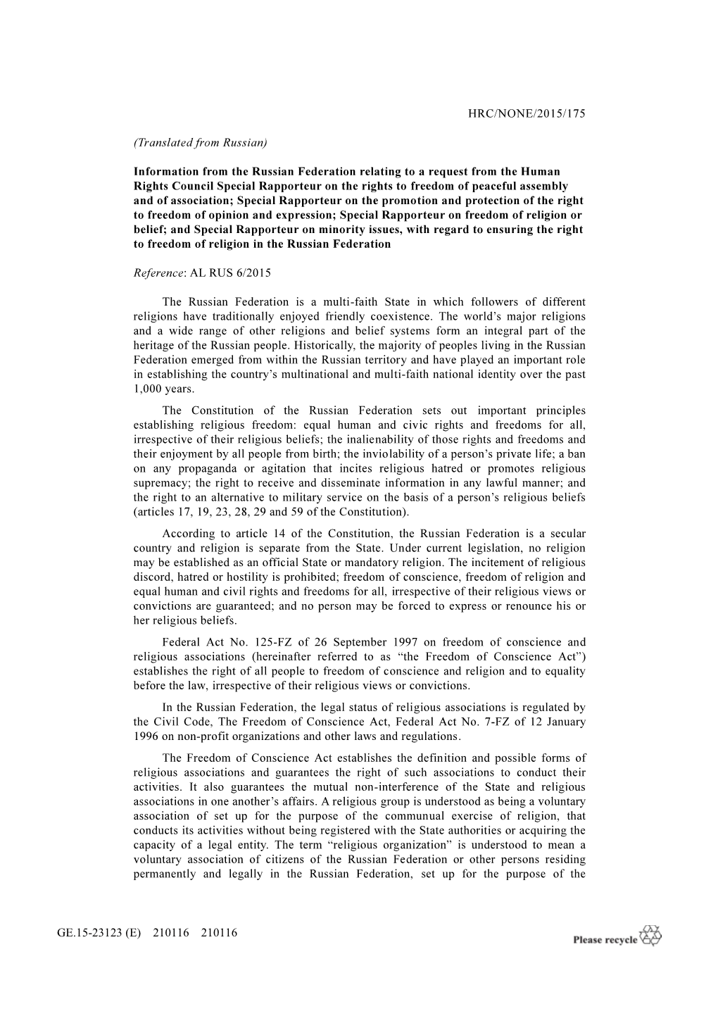 GE.15-23123 (E) 210116 210116 HRC/NONE/2015/175 (Translated from Russian) Information from the Russian Federation Relating