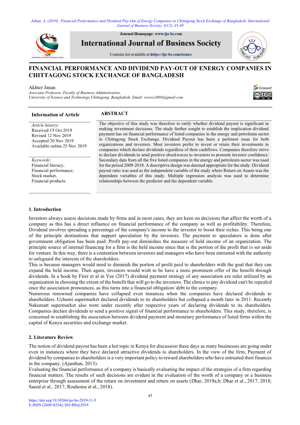 Financial Performance and Dividend Pay-Out of Energy Companies in Chittagong Stock Exchange of Bangladesh