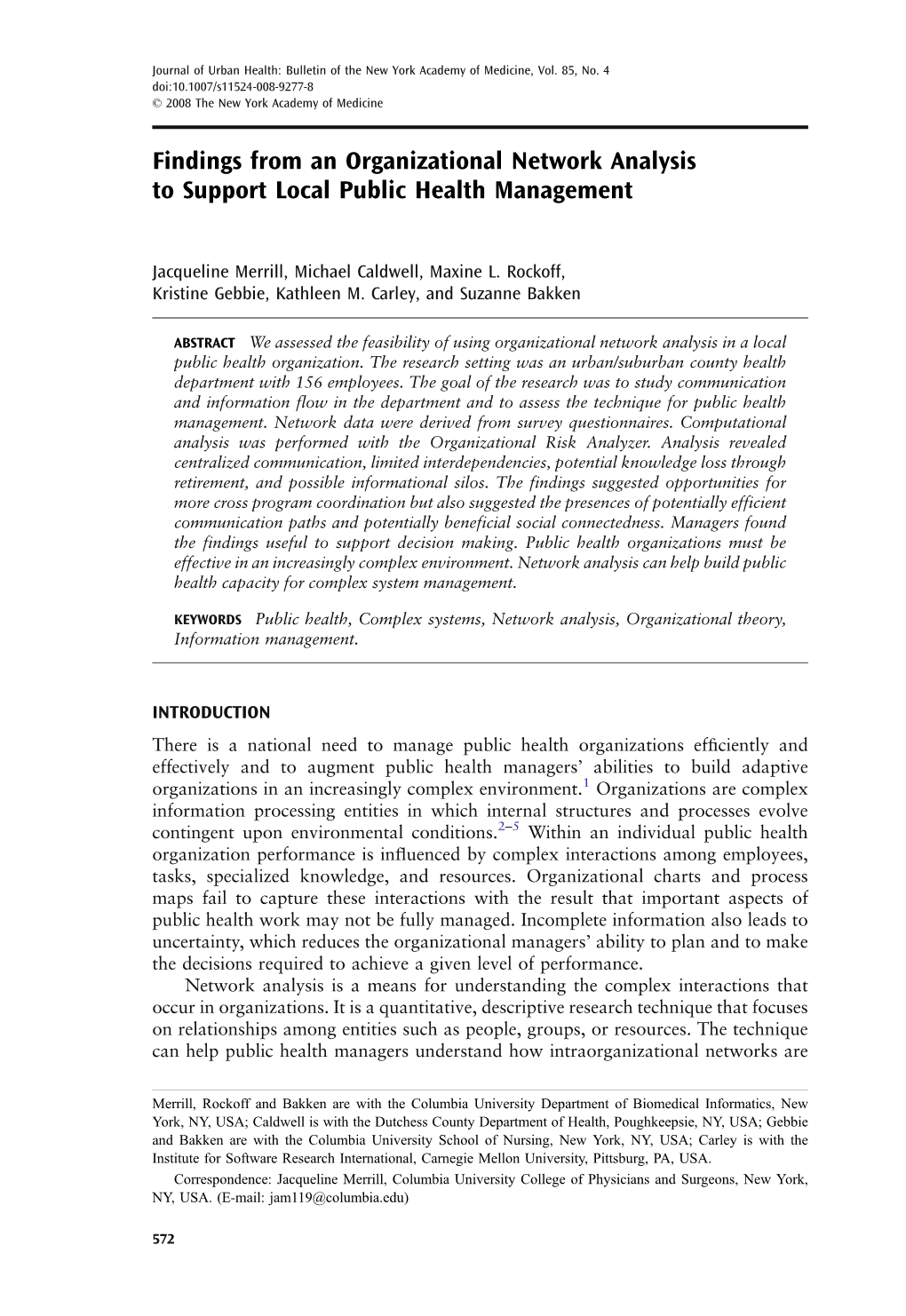 Findings from an Organizational Network Analysis to Support Local Public Health Management