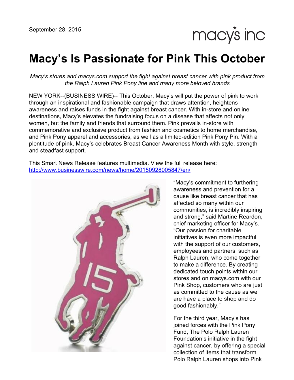 Macy's Is Passionate for Pink This October