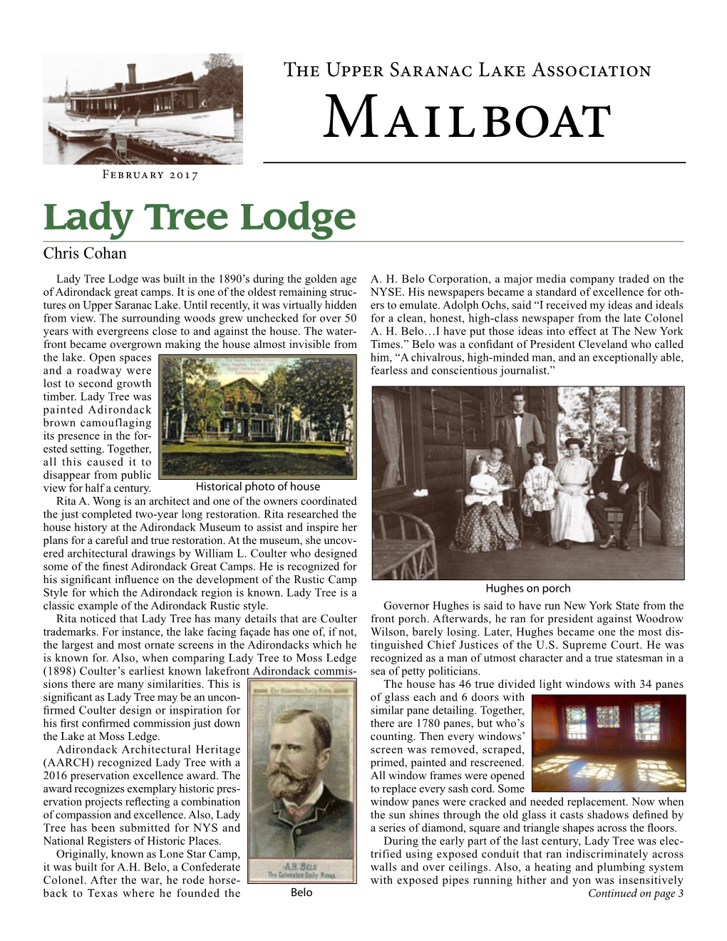 Mailboat February 2017 Lady Tree Lodge Chris Cohan Lady Tree Lodge Was Built in the 1890’S During the Golden Age A