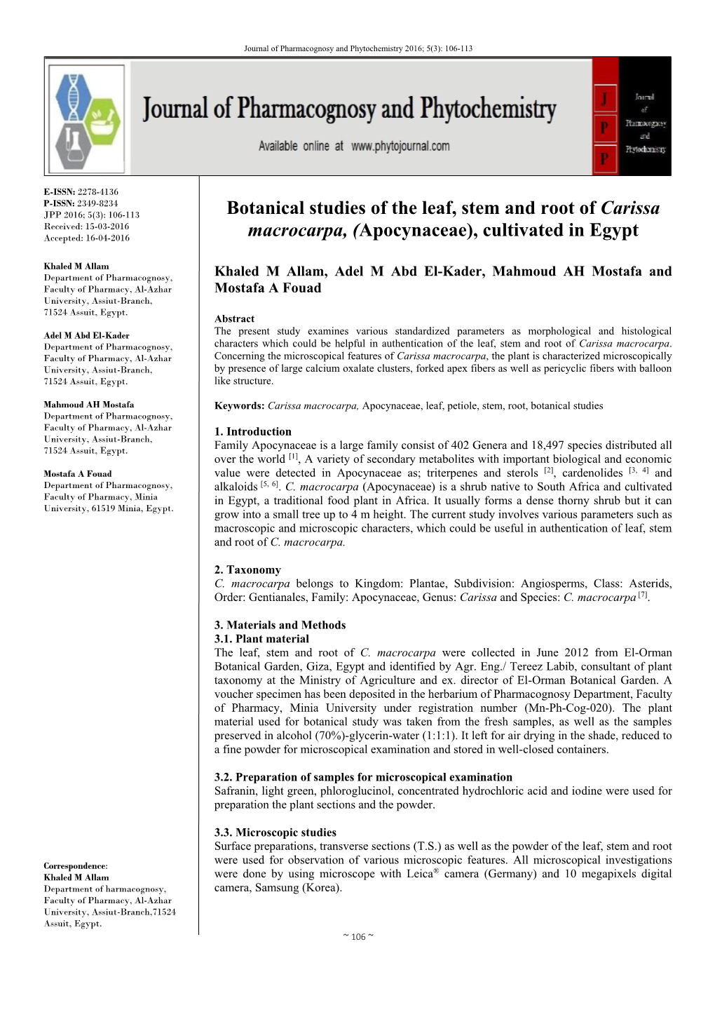 Botanical Studies of the Leaf, Stem and Root of Carissa Macrocarpa