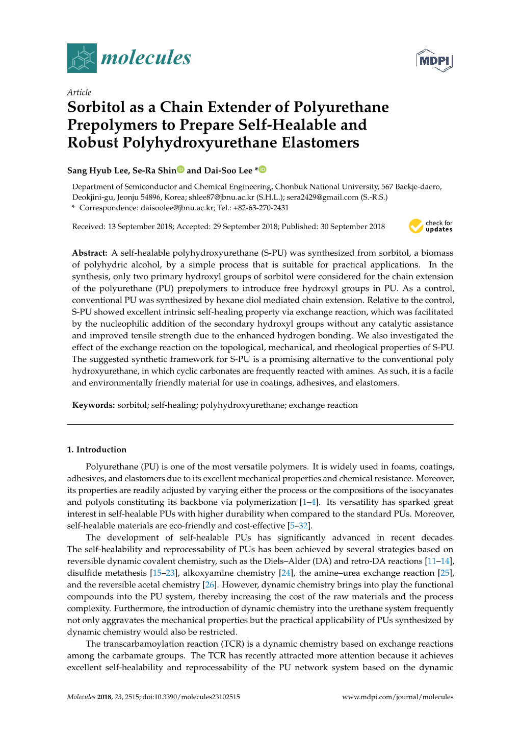 Sorbitol As a Chain Extender of Polyurethane Prepolymers to Prepare Self-Healable and Robust Polyhydroxyurethane Elastomers