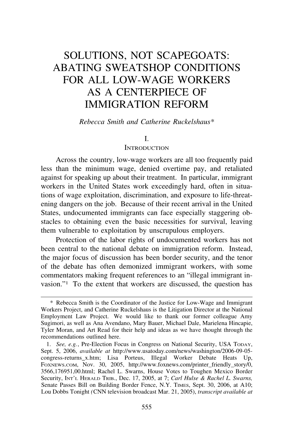 Solutions, Not Scapegoats: Abating Sweatshop Conditions for All Low-Wage Workers As a Centerpiece of Immigration Reform